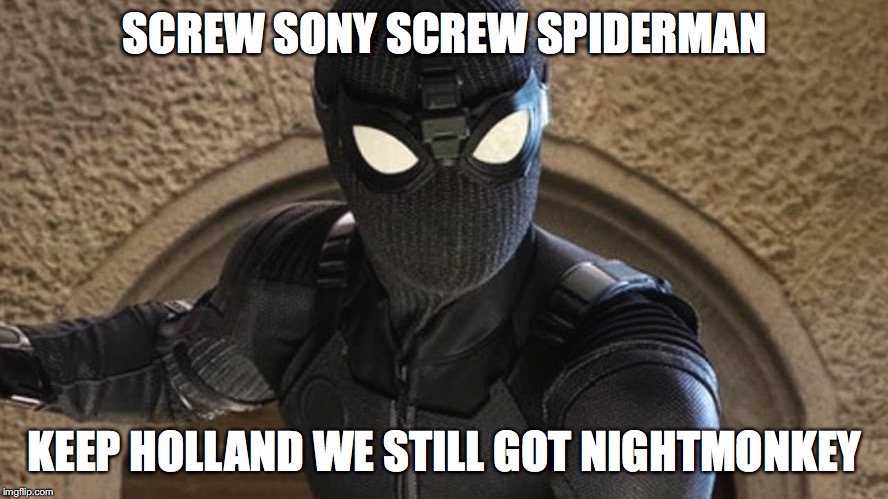 GIVE SPIDERMAN BACK SONY THE MCU COULD ALWAYS KEEP HOLLAND AND MAKE A NIGHTMONKEY MOVIE ANYWAY | SCREW SONY SCREW SPIDERMAN; KEEP HOLLAND WE STILL GOT NIGHTMONKEY | image tagged in sony,sucks,donuts,oh wow are you actually reading these tags,spiderman,stop reading the tags | made w/ Imgflip meme maker