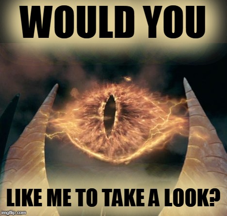 eye of sauron | WOULD YOU LIKE ME TO TAKE A LOOK? | image tagged in eye of sauron | made w/ Imgflip meme maker