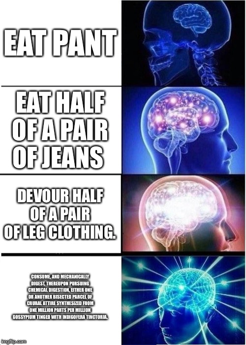 Expanding Brain | EAT PANT; EAT HALF OF A PAIR OF JEANS; DEVOUR HALF OF A PAIR OF LEG CLOTHING. CONSUME, AND MECHANICALLY DIGEST, THEREUPON PURSUING CHEMICAL DIGESTION, EITHER ONE OR ANOTHER BISECTED PARCEL OF CRURAL ATTIRE SYNTHESIZED FROM ONE MILLION PARTS PER MILLION GOSSYPIUM TINGED WITH INDIGOFERA TINCTORIA. | image tagged in memes,expanding brain | made w/ Imgflip meme maker