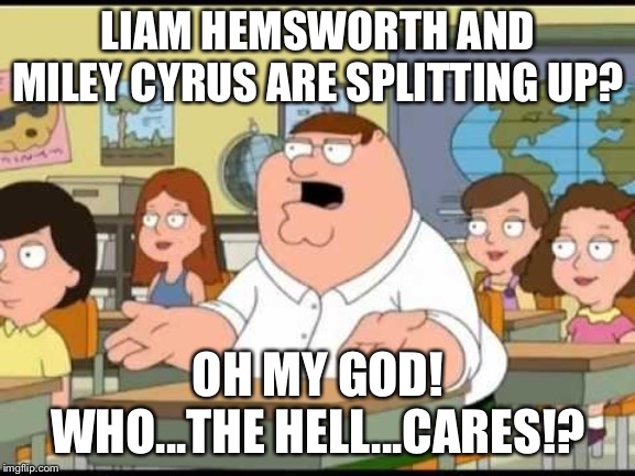 Those divorce papers came in like a wrecking ball |  LIAM HEMSWORTH AND MILEY CYRUS ARE SPLITTING UP? OH MY GOD! WHO...THE HELL...CARES!? | image tagged in peter griffin,miley cyrus,wrecking ball,couple,memes,news | made w/ Imgflip meme maker