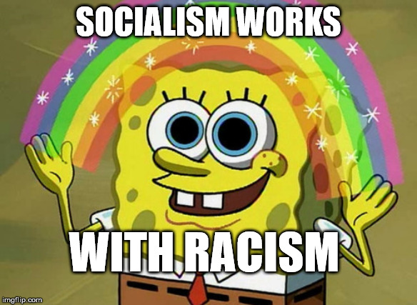 Imagination Spongebob | SOCIALISM WORKS; WITH RACISM | image tagged in memes,imagination spongebob | made w/ Imgflip meme maker