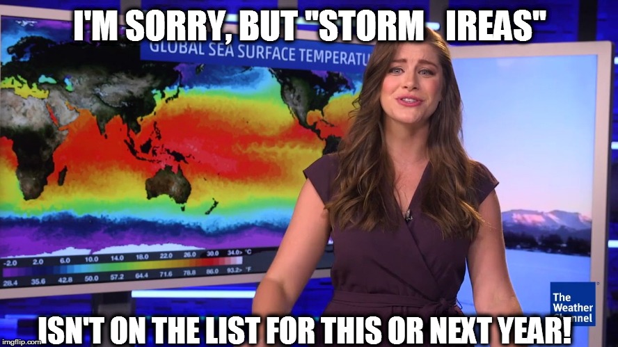 I'M SORRY, BUT "STORM   IREAS" ISN'T ON THE LIST FOR THIS OR NEXT YEAR! | made w/ Imgflip meme maker