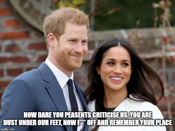 Prince Harry and Meghan | HOW DARE YOU PEASENTS CRITICISE US, YOU ARE DUST UNDER OUR FEET, NOW F*** OFF AND REMEMBER YOUR PLACE | image tagged in prince harry and meghan | made w/ Imgflip meme maker
