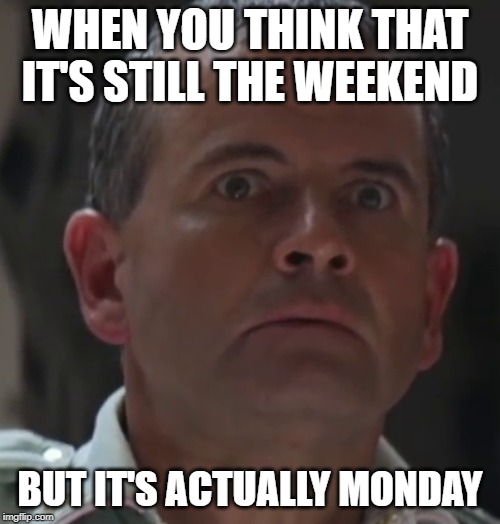 Shocked Ian Holm | WHEN YOU THINK THAT IT'S STILL THE WEEKEND; BUT IT'S ACTUALLY MONDAY | image tagged in shocked ian holm | made w/ Imgflip meme maker