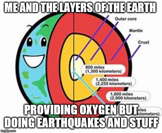 me and the boys | ME AND THE LAYERS OF THE EARTH; PROVIDING OXYGEN BUT DOING EARTHQUAKES AND STUFF | image tagged in me and the boys week | made w/ Imgflip meme maker