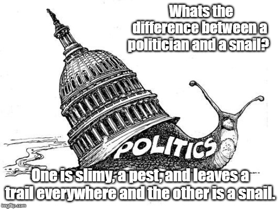 Politics and snail | Whats the difference between a politician and a snail? One is slimy, a pest, and leaves a trail everywhere and the other is a snail. | image tagged in politics | made w/ Imgflip meme maker