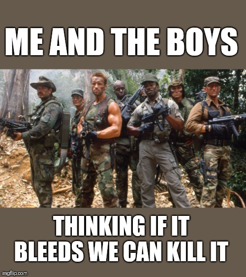 Me and the Boys Week a CravenMoordik and Nixie.Knox event 8/19-8/25!!!! | ME AND THE BOYS; THINKING IF IT BLEEDS WE CAN KILL IT | image tagged in memes,me and the boys week,predator | made w/ Imgflip meme maker