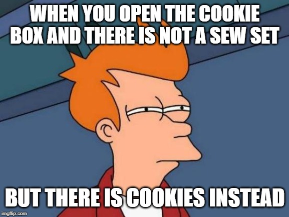 Futurama Fry Meme | WHEN YOU OPEN THE COOKIE BOX AND THERE IS NOT A SEW SET; BUT THERE IS COOKIES INSTEAD | image tagged in memes,futurama fry | made w/ Imgflip meme maker