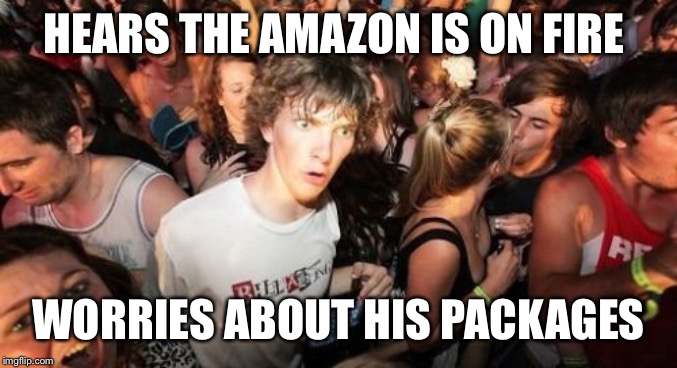 Sudden Clarity Clarence Meme | HEARS THE AMAZON IS ON FIRE; WORRIES ABOUT HIS PACKAGES | image tagged in memes,sudden clarity clarence | made w/ Imgflip meme maker