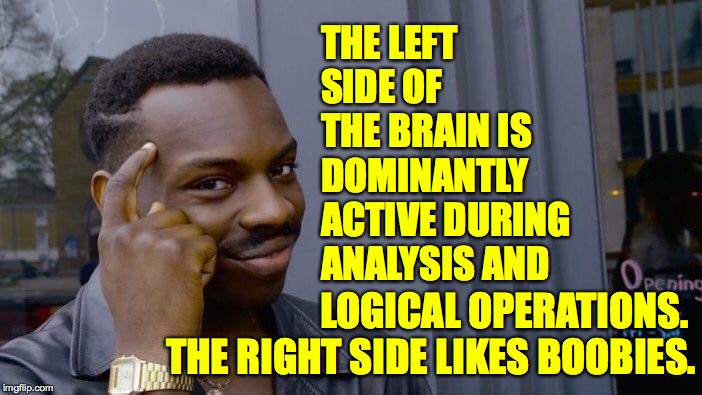 Roll Safe Think About It Meme | THE LEFT SIDE OF THE BRAIN IS DOMINANTLY ACTIVE DURING ANALYSIS AND; LOGICAL OPERATIONS.  THE RIGHT SIDE LIKES BOOBIES. | image tagged in memes,roll safe think about it,boobies,brains | made w/ Imgflip meme maker