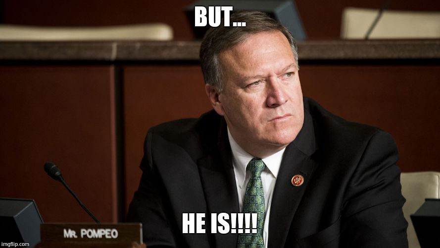 Mike Pompeo | BUT... HE IS!!!! | image tagged in mike pompeo | made w/ Imgflip meme maker