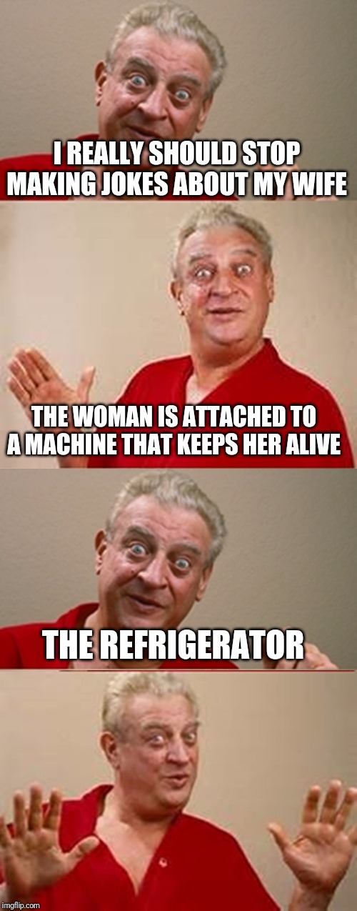 Bad Pun Rodney Dangerfield | I REALLY SHOULD STOP MAKING JOKES ABOUT MY WIFE; THE WOMAN IS ATTACHED TO A MACHINE THAT KEEPS HER ALIVE; THE REFRIGERATOR | image tagged in bad pun rodney dangerfield | made w/ Imgflip meme maker