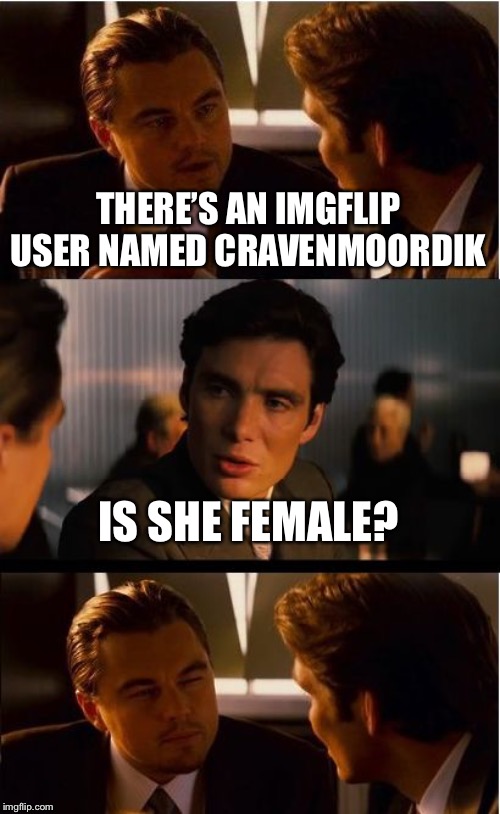 Male or Female, I Love CravenMoordik. Aww, Crap. That Sounded Wrong. | THERE’S AN IMGFLIP USER NAMED CRAVENMOORDIK; IS SHE FEMALE? | image tagged in memes,inception,imgflip users,cravenmoordik,imgflip humor,meanwhile on imgflip | made w/ Imgflip meme maker