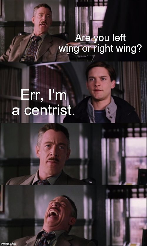Do centrists exist? | Are you left wing or right wing? Err, I'm a centrist. | image tagged in memes,spiderman laugh,left wing,right wing,centrist | made w/ Imgflip meme maker