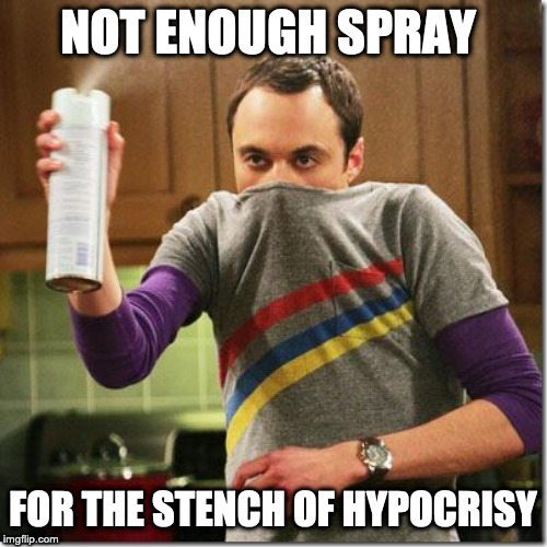 air freshener sheldon cooper | NOT ENOUGH SPRAY FOR THE STENCH OF HYPOCRISY | image tagged in air freshener sheldon cooper | made w/ Imgflip meme maker