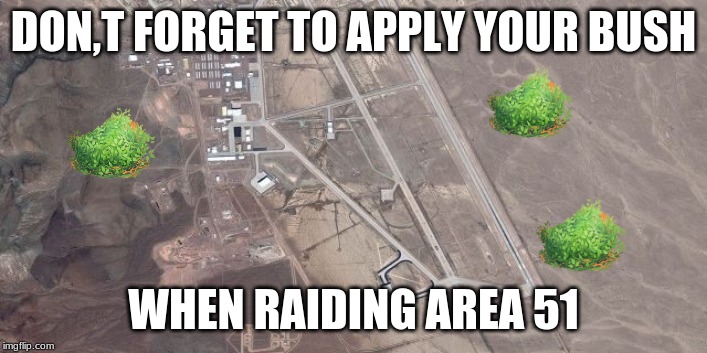 Area 51 Raid Meme | DON,T FORGET TO APPLY YOUR BUSH; WHEN RAIDING AREA 51 | image tagged in area 51 meme,area 51,funny,meme,fortnite bush meme,fortnite bush | made w/ Imgflip meme maker