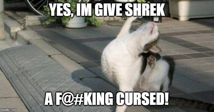 Curse you villain cat | YES, IM GIVE SHREK A F@#KING CURSED! | image tagged in curse you villain cat | made w/ Imgflip meme maker