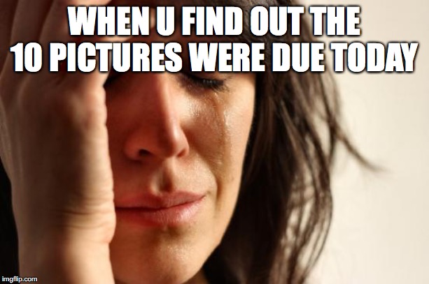 First World Problems Meme | WHEN U FIND OUT THE 10 PICTURES WERE DUE TODAY | image tagged in memes,first world problems | made w/ Imgflip meme maker