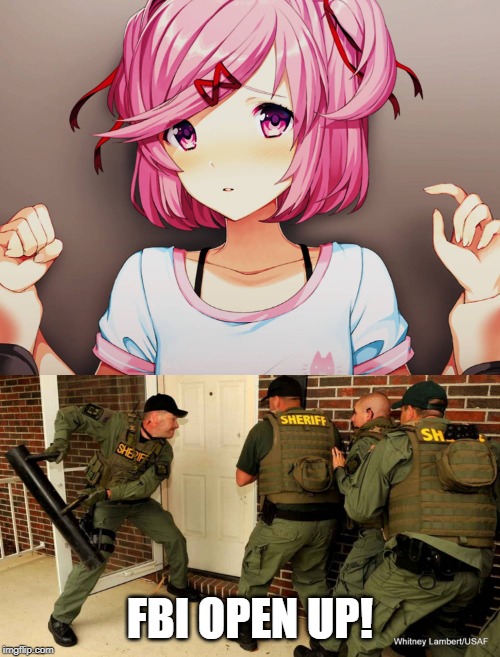 FBI OPEN UP! | image tagged in fbi,natsuki,doki doki literature club | made w/ Imgflip meme maker
