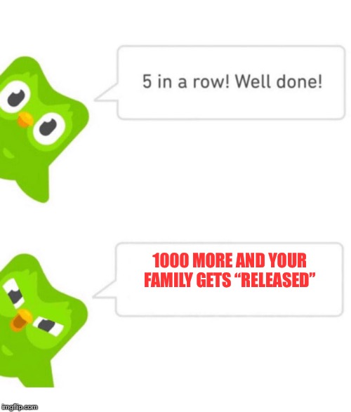 Duolingo 5 in a row | 1000 MORE AND YOUR FAMILY GETS “RELEASED” | image tagged in duolingo 5 in a row | made w/ Imgflip meme maker
