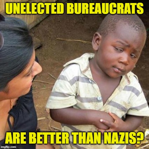 Bureaucratic Skeptic | UNELECTED BUREAUCRATS; ARE BETTER THAN NAZIS? | image tagged in memes,third world skeptical kid,nazis,tyranny,anti-government,america | made w/ Imgflip meme maker