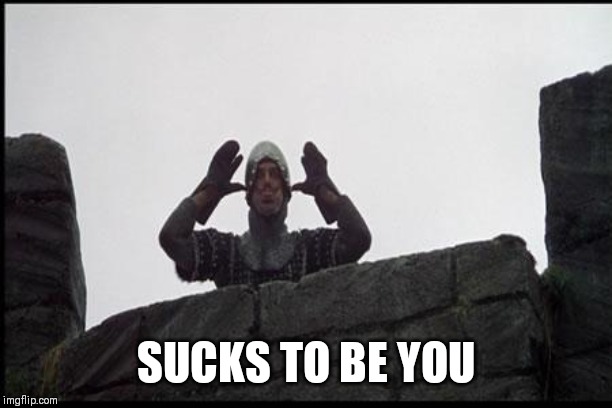 French Taunting in Monty Python's Holy Grail | SUCKS TO BE YOU | image tagged in french taunting in monty python's holy grail | made w/ Imgflip meme maker