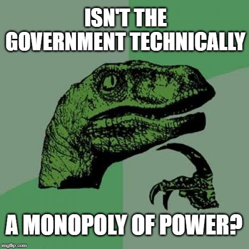 If everything was run by the free market the world would be a much better place. | ISN'T THE GOVERNMENT TECHNICALLY; A MONOPOLY OF POWER? | image tagged in memes,philosoraptor,ancapistan | made w/ Imgflip meme maker