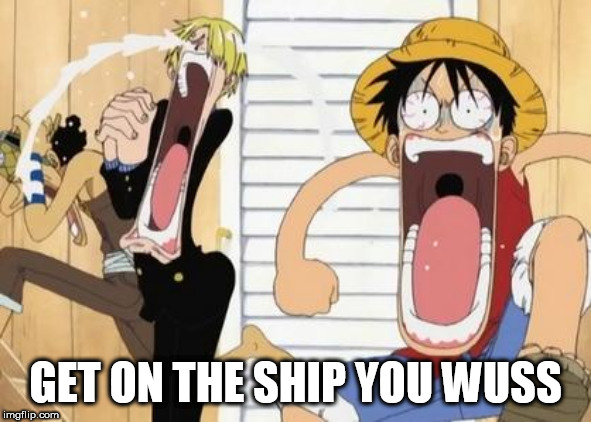 one piece | GET ON THE SHIP YOU WUSS | image tagged in one piece | made w/ Imgflip meme maker