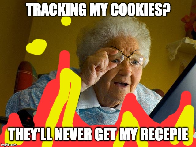 yum | TRACKING MY COOKIES? THEY'LL NEVER GET MY RECEPIE | image tagged in memes,grandma finds the internet | made w/ Imgflip meme maker