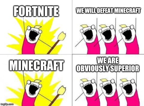 What Do We Want | FORTNITE; WE WILL DEFEAT MINECRAFT; WE ARE OBVIOUSLY SUPERIOR; MINECRAFT | image tagged in memes,what do we want | made w/ Imgflip meme maker