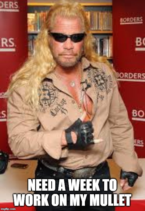 dog the bounty hunter | NEED A WEEK TO WORK ON MY MULLET | image tagged in dog the bounty hunter | made w/ Imgflip meme maker