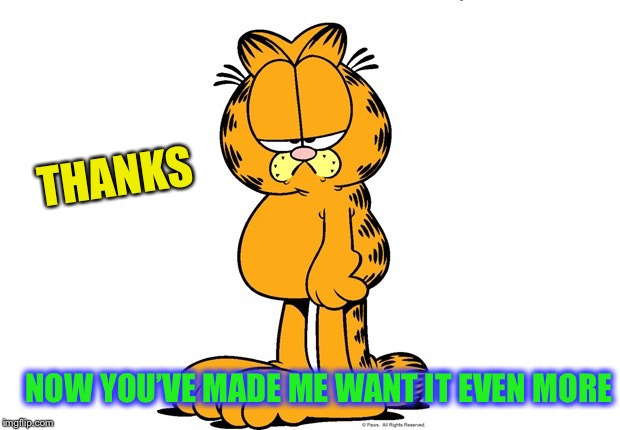 Grumpy Garfield | THANKS NOW YOU’VE MADE ME WANT IT EVEN MORE | image tagged in grumpy garfield | made w/ Imgflip meme maker