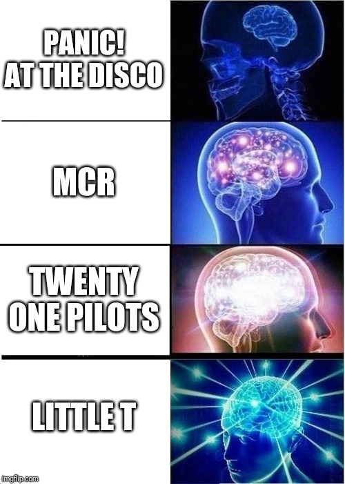 Expanding Brain | PANIC! AT THE DISCO; MCR; TWENTY ONE PILOTS; LITTLE T | image tagged in memes,expanding brain | made w/ Imgflip meme maker