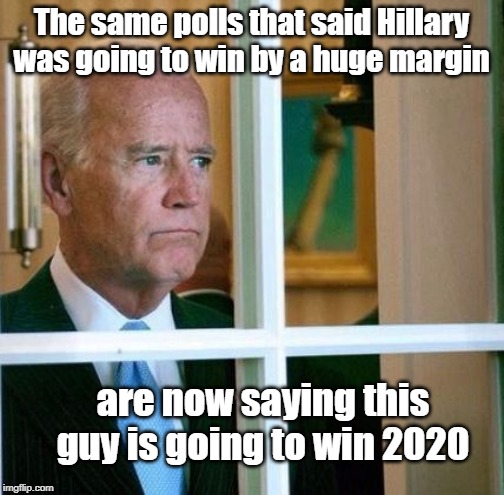 Sad Joe Biden | The same polls that said Hillary was going to win by a huge margin are now saying this guy is going to win 2020 | image tagged in sad joe biden | made w/ Imgflip meme maker