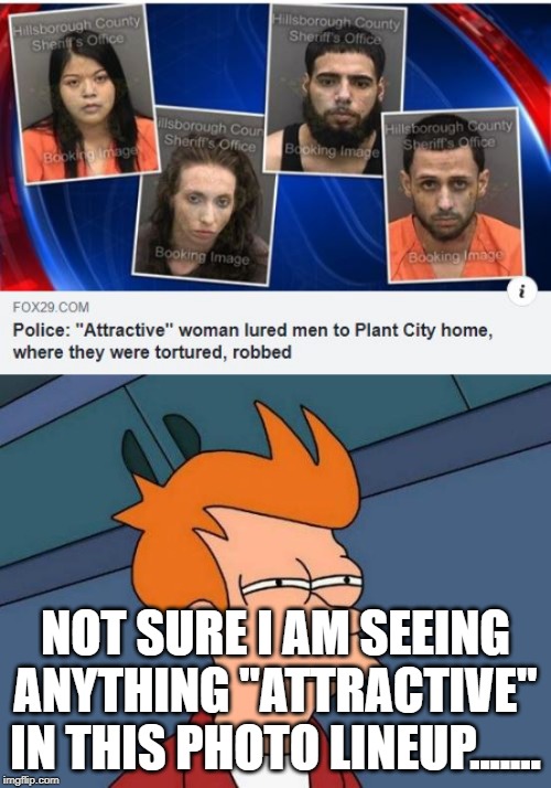 Hey Good Look......ahhhhhhhh | NOT SURE I AM SEEING ANYTHING "ATTRACTIVE" IN THIS PHOTO LINEUP....... | image tagged in memes,futurama fry | made w/ Imgflip meme maker