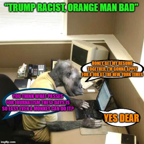 Meet the new editor | "TRUMP RACIST, ORANGE MAN BAD"; HONEY, GET MY RESUME TOGETHER, I'M GONNA APPLY FOR A JOB AT THE NEW YORK TIMES; YOU THINK WHAT PASSES FOR JOURNALISM THESE DAYS IS SO EASY EVEN A MONKEY CAN DO IT? YES DEAR | image tagged in memes,monkey business,new york times,maga | made w/ Imgflip meme maker