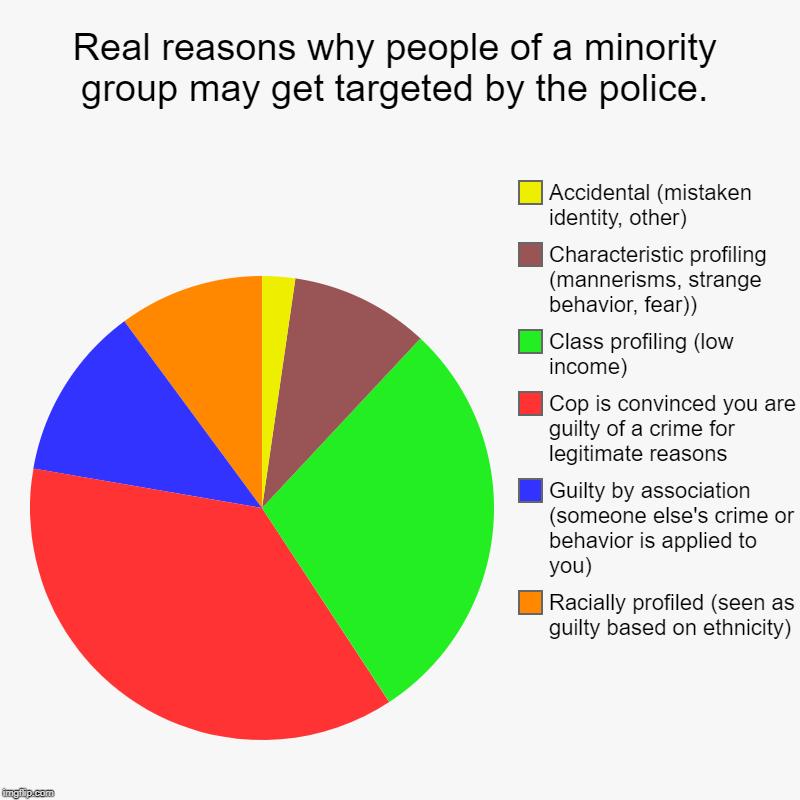 Real reasons why people of a minority group may get targeted by the police. | Racially profiled (seen as guilty based on ethnicity), Guilty  | image tagged in charts,pie charts | made w/ Imgflip chart maker