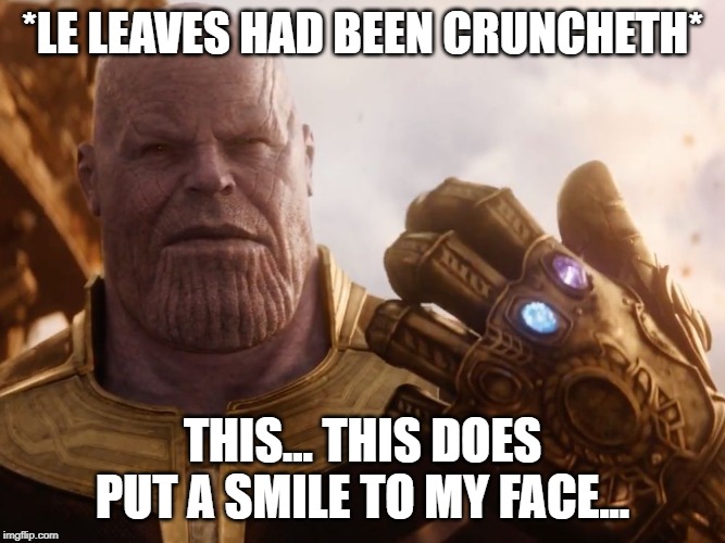 Thanos Smile | *LE LEAVES HAD BEEN CRUNCHETH*; THIS... THIS DOES PUT A SMILE TO MY FACE... | image tagged in thanos smile | made w/ Imgflip meme maker