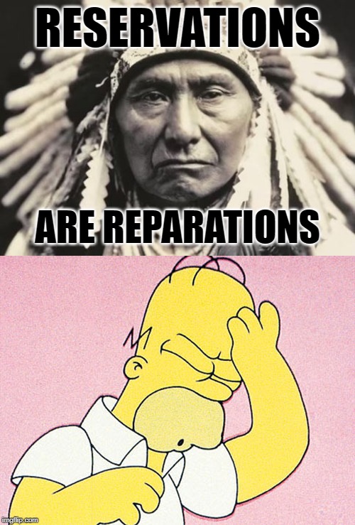 Reparations Reservation | RESERVATIONS; ARE REPARATIONS | image tagged in american indian,homer simpson d'oh,native american,history,so true memes,lol so funny | made w/ Imgflip meme maker