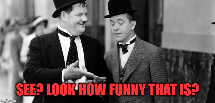 Laurel and Hardy | SEE? LOOK HOW FUNNY THAT IS? | image tagged in laurel and hardy | made w/ Imgflip meme maker