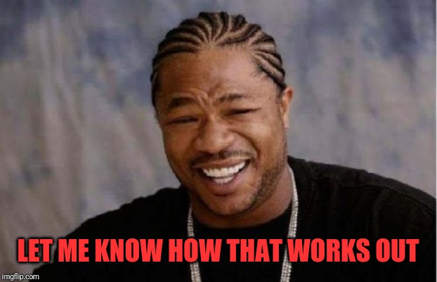 Yo Dawg Heard You Meme | LET ME KNOW HOW THAT WORKS OUT | image tagged in memes,yo dawg heard you | made w/ Imgflip meme maker