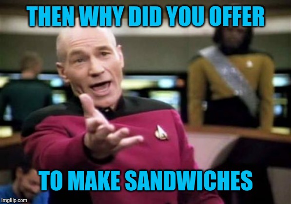 Picard Wtf Meme | THEN WHY DID YOU OFFER TO MAKE SANDWICHES | image tagged in memes,picard wtf | made w/ Imgflip meme maker