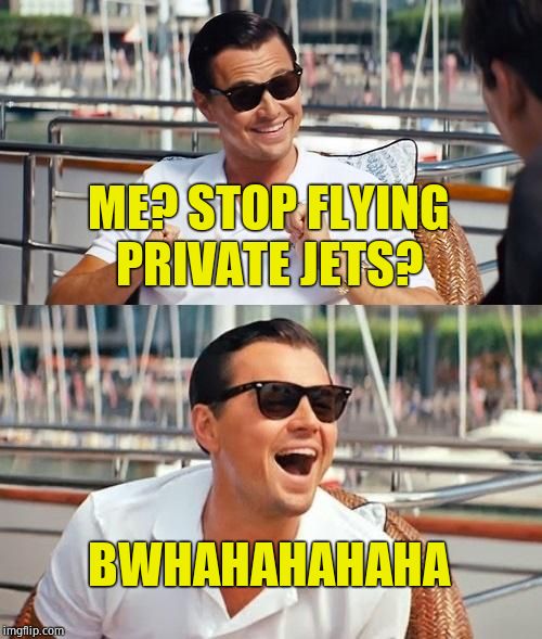 Leonardo Dicaprio Wolf Of Wall Street Meme | ME? STOP FLYING PRIVATE JETS? BWHAHAHAHAHA | image tagged in memes,leonardo dicaprio wolf of wall street | made w/ Imgflip meme maker