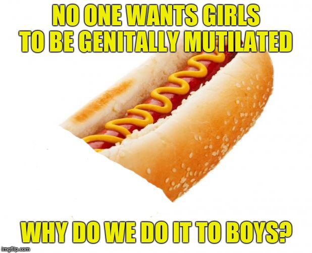 Is it time to rethink this? | NO ONE WANTS GIRLS TO BE GENITALLY MUTILATED; WHY DO WE DO IT TO BOYS? | image tagged in hot dog,circumcision | made w/ Imgflip meme maker
