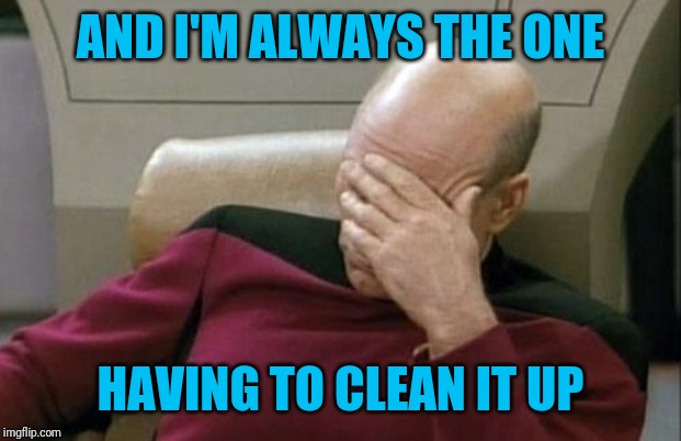 Captain Picard Facepalm Meme | AND I'M ALWAYS THE ONE HAVING TO CLEAN IT UP | image tagged in memes,captain picard facepalm | made w/ Imgflip meme maker