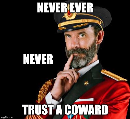 captain obvious | NEVER EVER; NEVER; TRUST A COWARD | image tagged in captain obvious | made w/ Imgflip meme maker