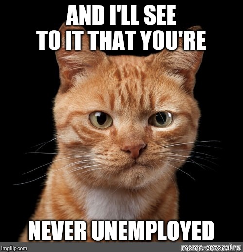 smirking cat2 | AND I'LL SEE TO IT THAT YOU'RE NEVER UNEMPLOYED | image tagged in smirking cat2 | made w/ Imgflip meme maker