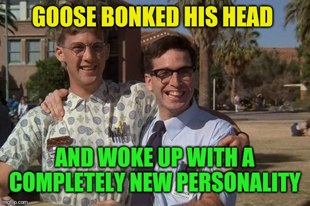 Revenge of the nerds | GOOSE BONKED HIS HEAD AND WOKE UP WITH A COMPLETELY NEW PERSONALITY | image tagged in revenge of the nerds | made w/ Imgflip meme maker