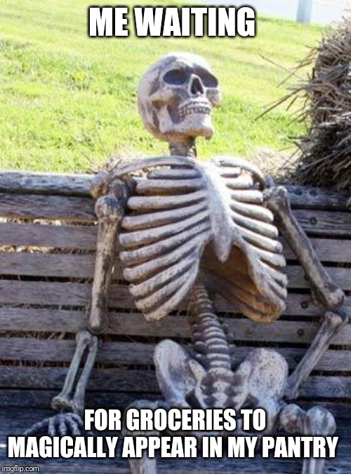Waiting Skeleton | ME WAITING; FOR GROCERIES TO MAGICALLY APPEAR IN MY PANTRY | image tagged in memes,waiting skeleton | made w/ Imgflip meme maker