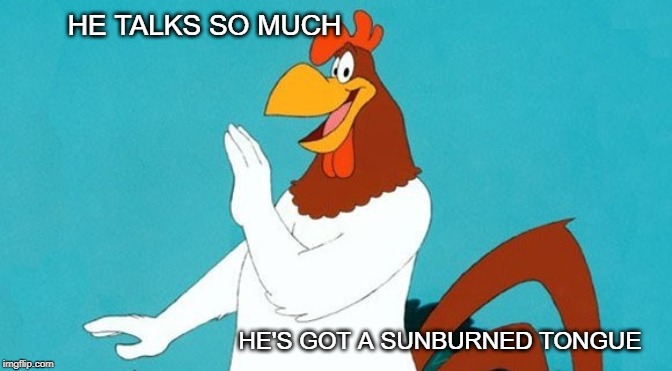 HE TALKS SO MUCH; HE'S GOT A SUNBURNED TONGUE | image tagged in foghorn leghorn,wtf talks | made w/ Imgflip meme maker